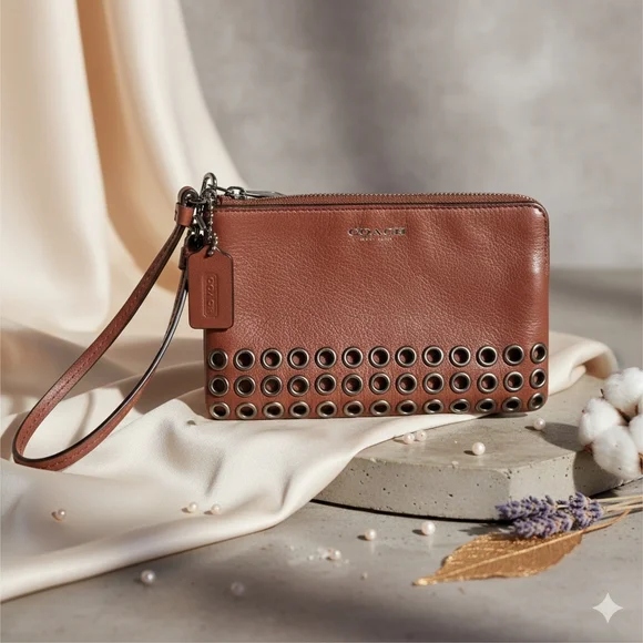Coach Brown Leather Wristlet with Grommet Accents | Modern Classic Chic Style - Picture 5 of 13